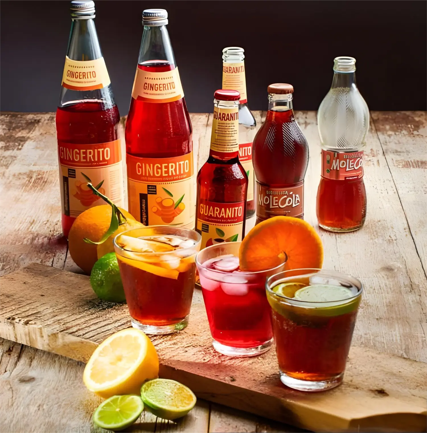 Bicchieri con Gingerito, Guaranito e Molecola serviti con frutta fresca per un aperitivo sostenibile
