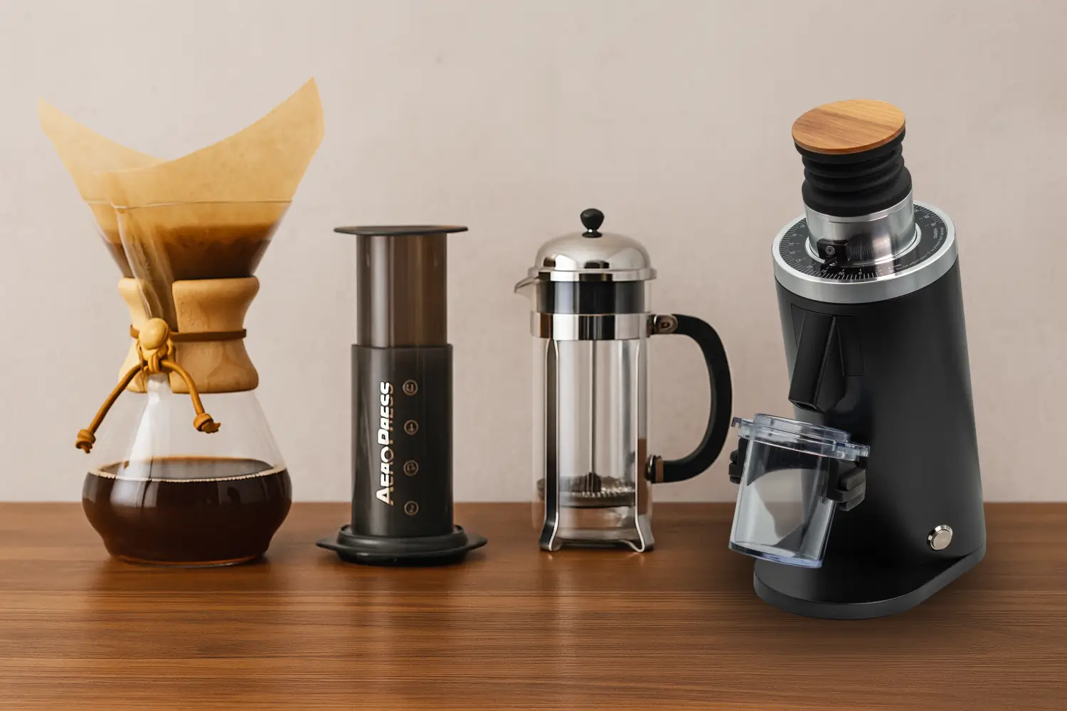 Macinacaffè D54 affiancato da Chemex, Aeropress e French Press su piano in legno: setup ideale per home barista e metodi filtro o cold brew