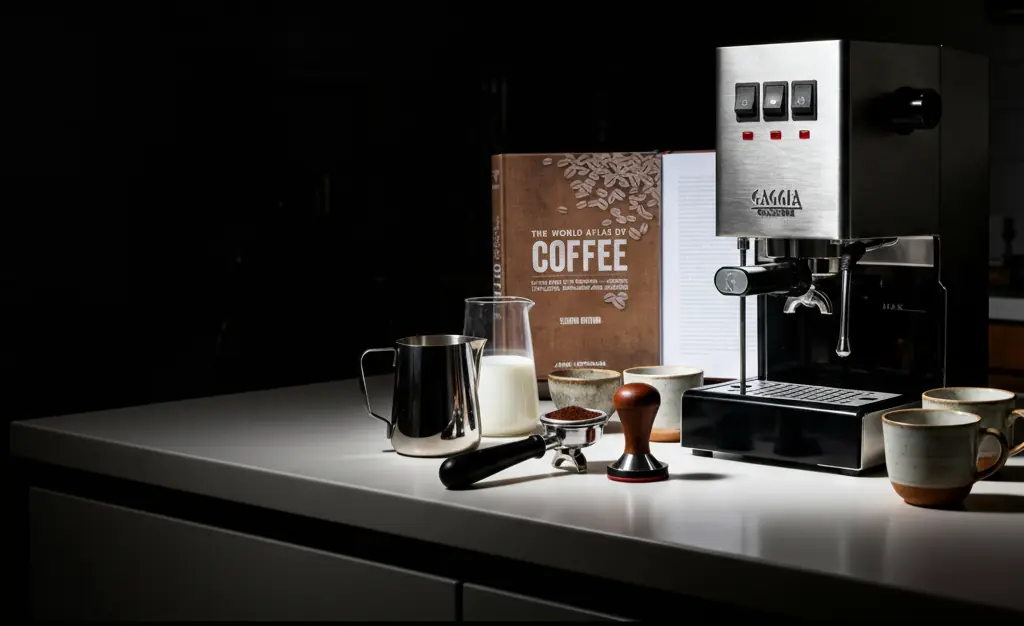 La gaggia classic con il libro The World Atlas of Coffee di James Hoffmann